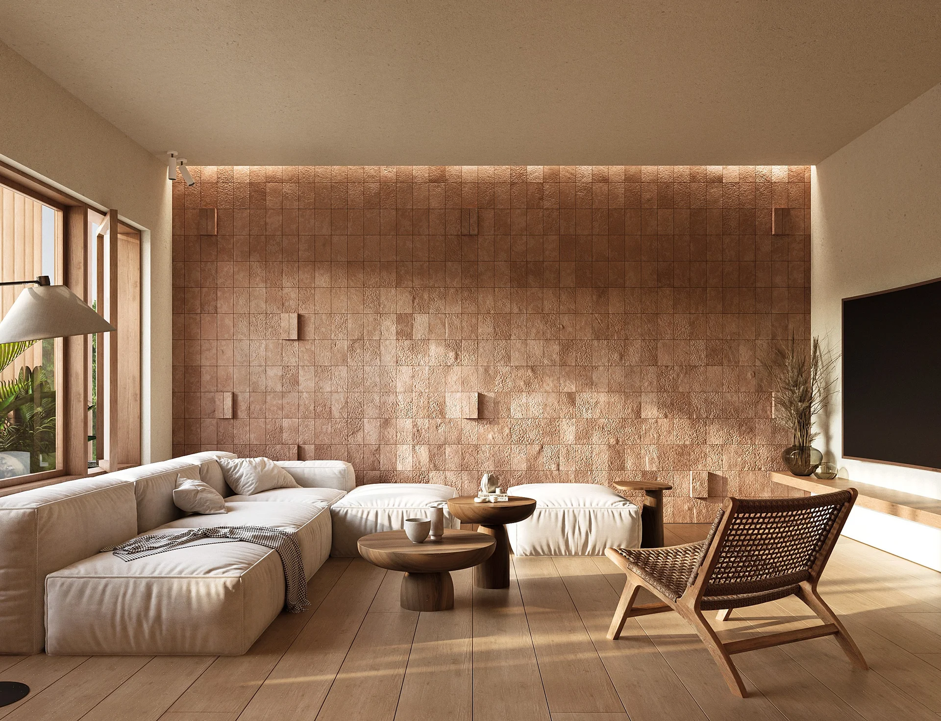 Type B lounge hall perspective with weaved plantation backdrop.